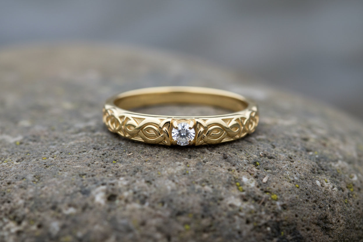 vkngjewelry Ring Gold Celtic Wedding Ring with Diamond, Handmade Viking Ring