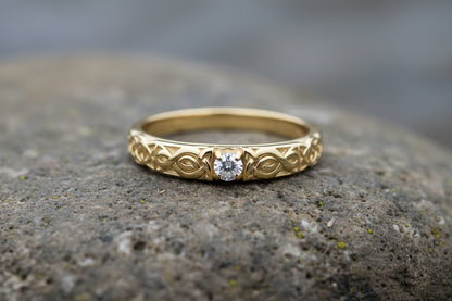 vkngjewelry Ring Gold Celtic Wedding Ring with Diamond, Handmade Viking Ring