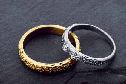 vkngjewelry Ring Gold Celtic Wedding Ring with Diamond, Handmade Viking Ring