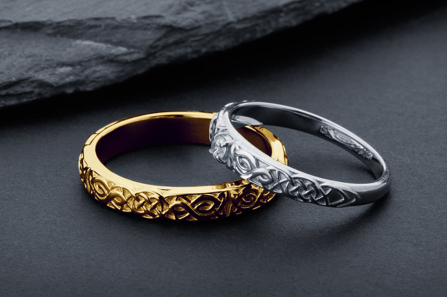 vkngjewelry Ring Gold Celtic Wedding Ring with Diamond, Handmade Viking Ring