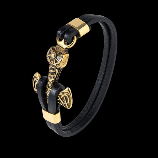 vkngjewelry Bracelet Gold Plated Stainless Steel Viking Mjolnir Black Leather Bracelet