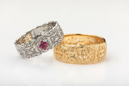 vkngjewelry Ring Gold Triquetra Wedding Ring with Garnet, Handmade Viking Jewelry