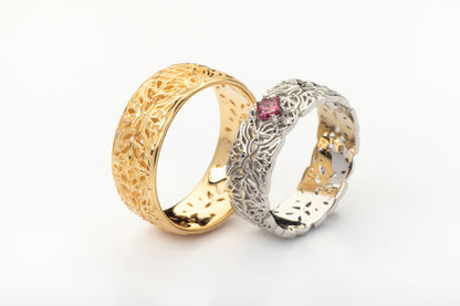 vkngjewelry Ring Gold Triquetra Wedding Ring with Garnet, Handmade Viking Jewelry