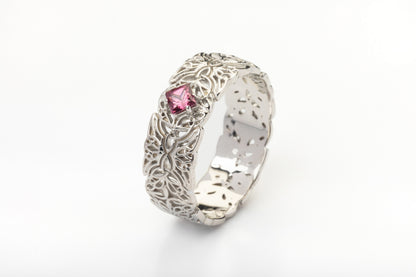 vkngjewelry Ring Gold Triquetra Wedding Ring with Garnet, Handmade Viking Jewelry