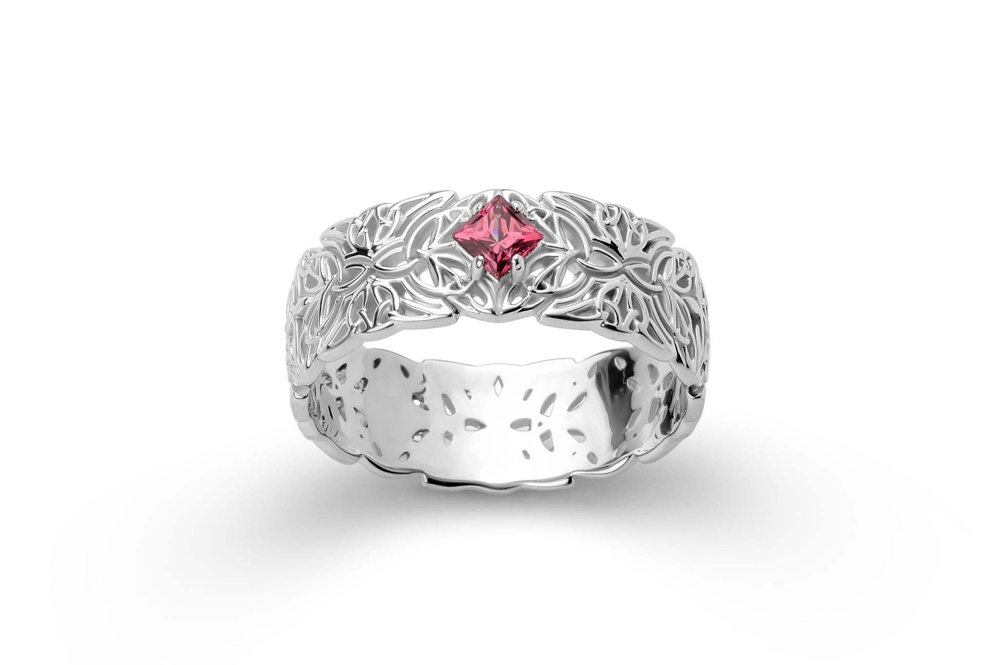 vkngjewelry Ring Gold Triquetra Wedding Ring with Garnet, Handmade Viking Jewelry