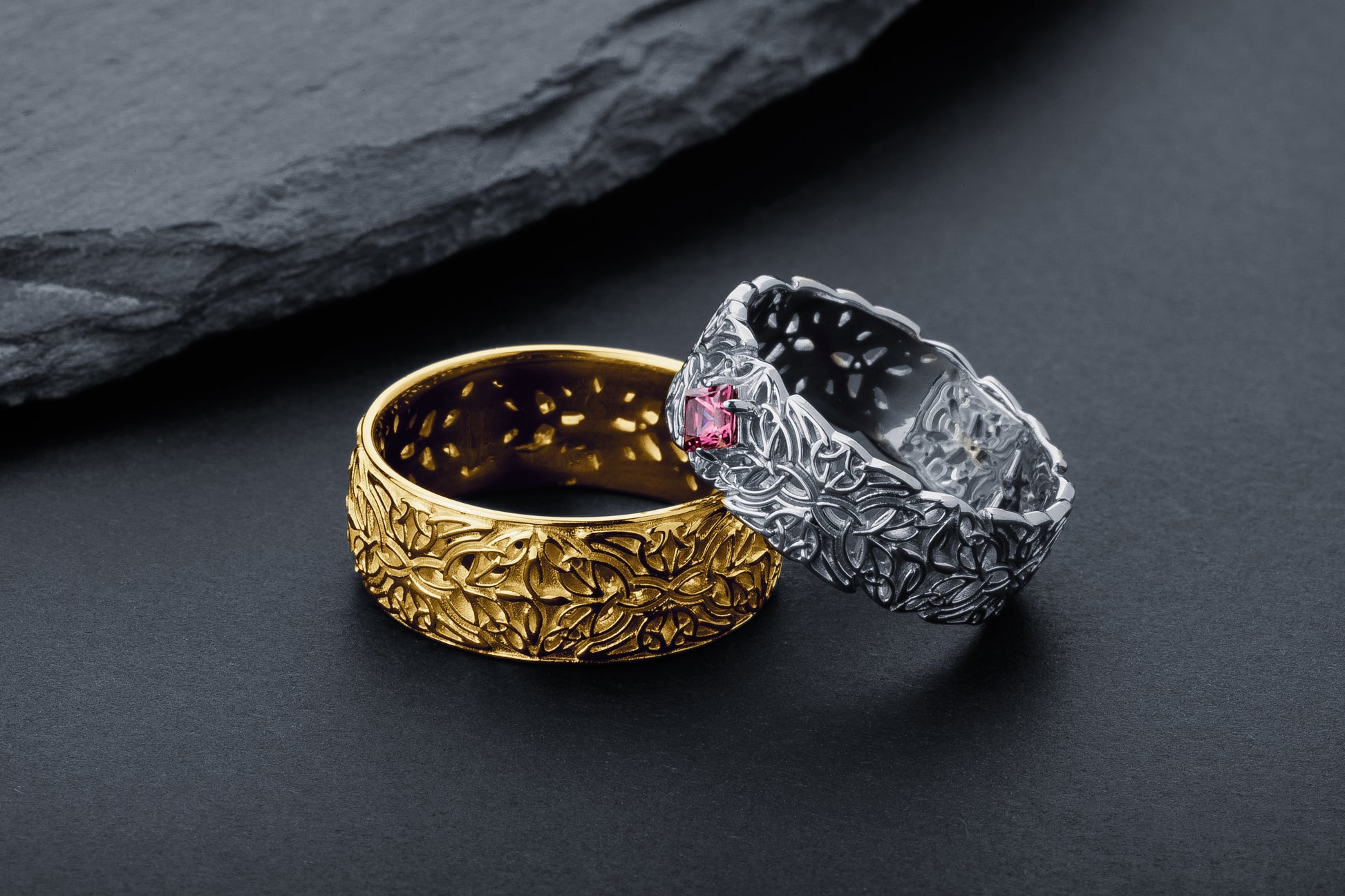 vkngjewelry Ring Gold Triquetra Wedding Ring with Garnet, Handmade Viking Jewelry