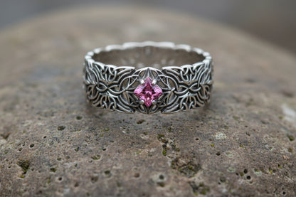 vkngjewelry Ring Gold Triquetra Wedding Ring with Garnet, Handmade Viking Jewelry