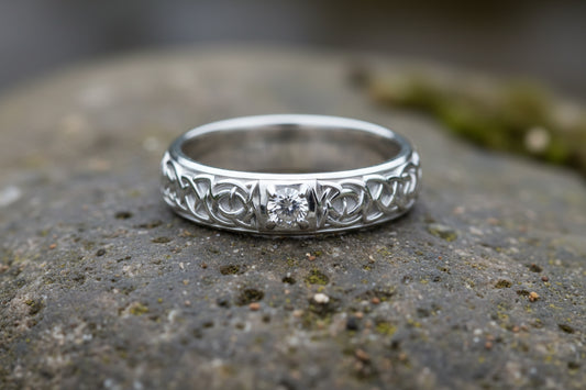vkngjewelry Ring Gold Viking Diamond Ring with Celtic Knot Pattern, Norse Wedding Band