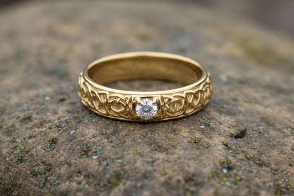 vkngjewelry Ring Gold Viking Diamond Ring with Celtic Knot Pattern, Norse Wedding Band