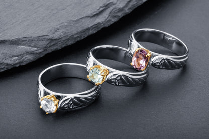 vkngjewelry Ring Gold Wedding Band with Amethyst, Handmade Viking Jewelry
