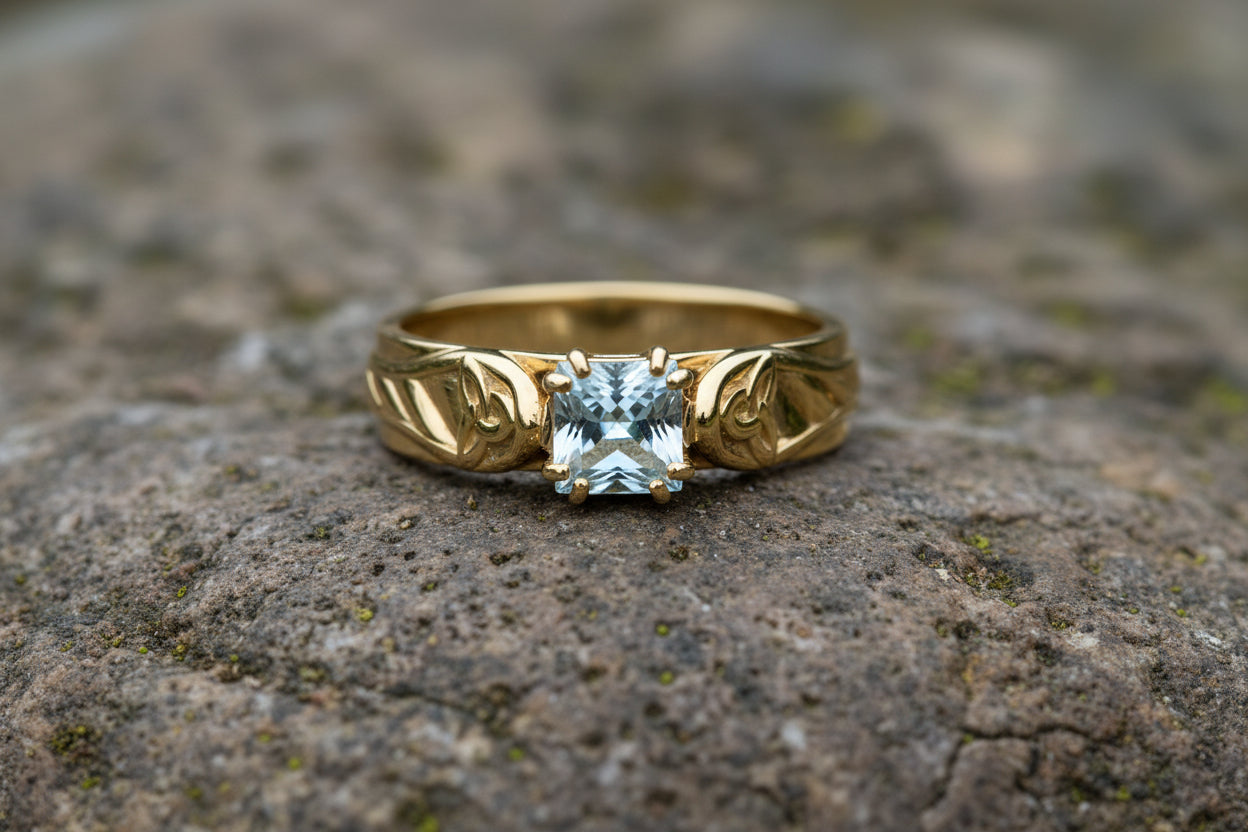 vkngjewelry Ring Gold Wedding Ring with Aqua Topaz, Nordic Style Handcrafted Jewelry