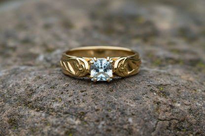 vkngjewelry Ring Gold Wedding Ring with Aqua Topaz, Nordic Style Handcrafted Jewelry