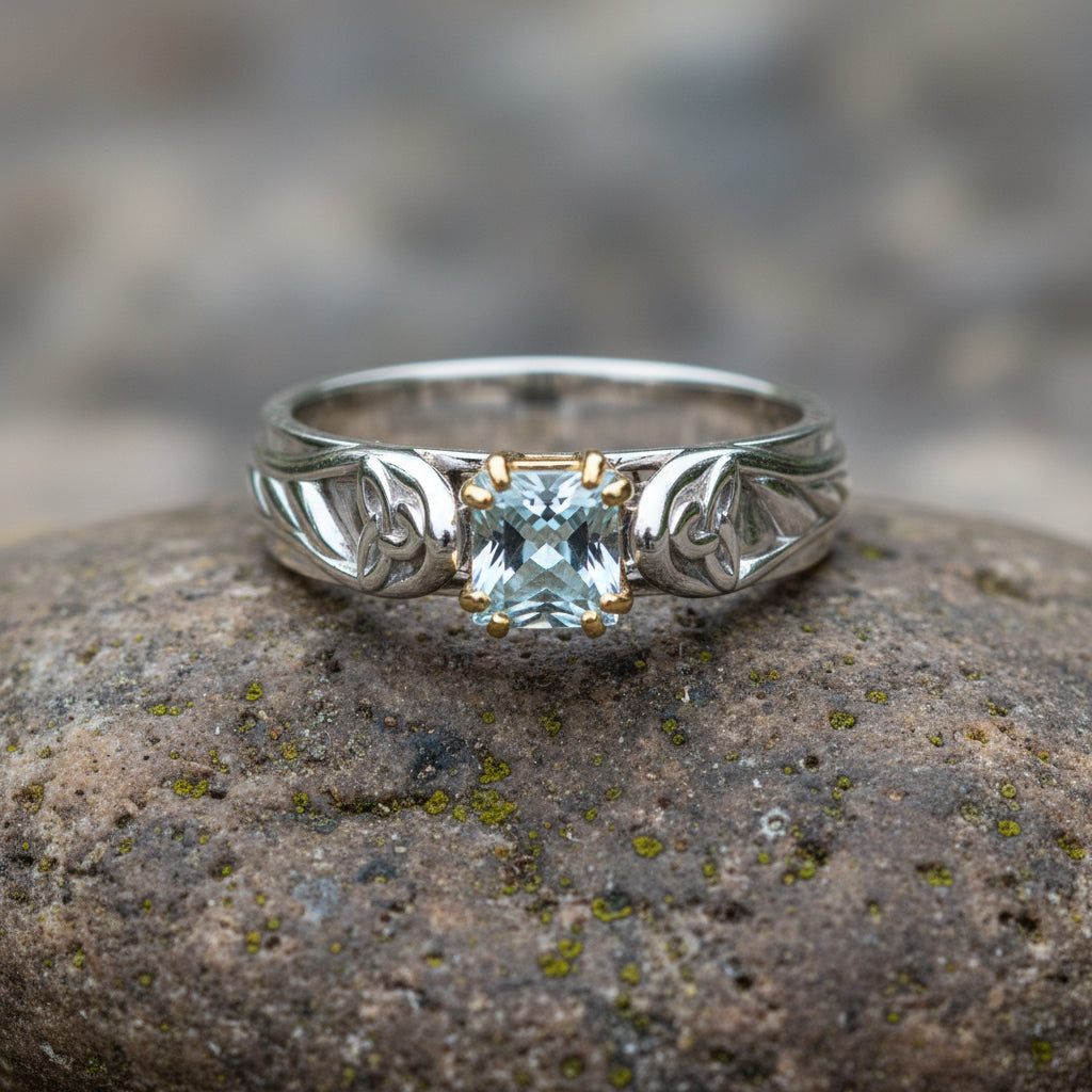 vkngjewelry Ring Gold Wedding Ring with Aqua Topaz, Nordic Style Handcrafted Jewelry