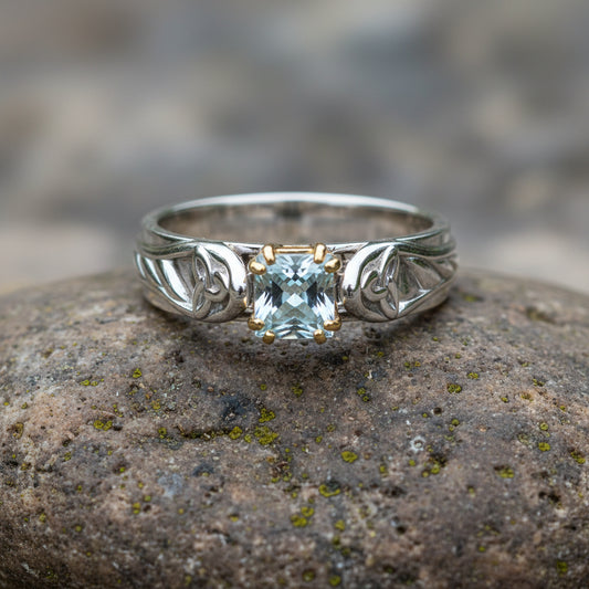 vkngjewelry Ring Gold Wedding Ring with Aqua Topaz, Nordic Style Handcrafted Jewelry