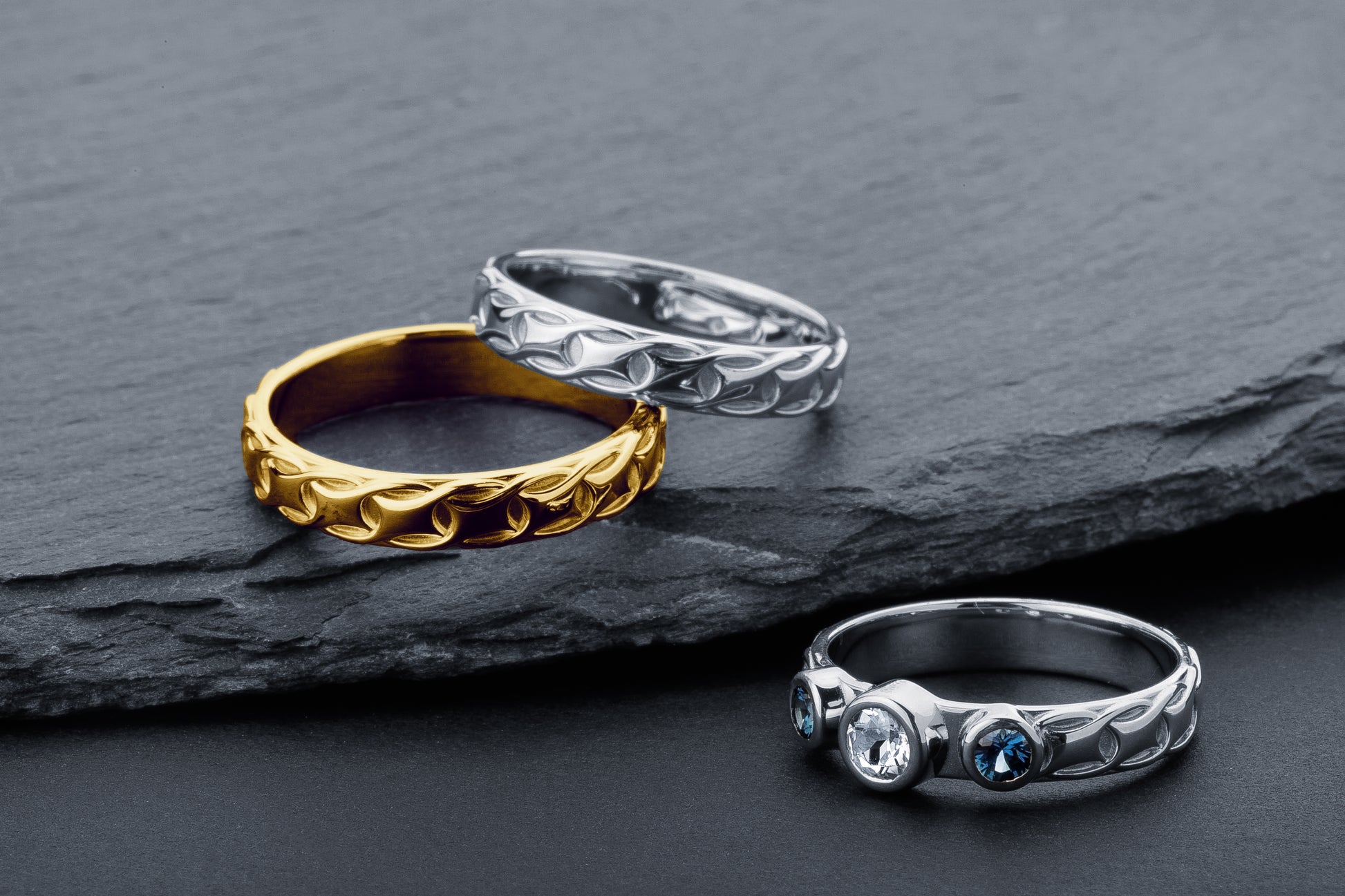 vkngjewelry Ring Gold Wedding Ring with Topaz & Sapphires, Handmade Viking Band