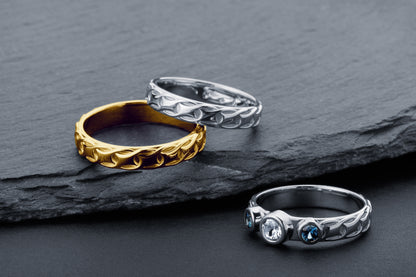 vkngjewelry Ring Gold Wedding Ring with Topaz & Sapphires, Handmade Viking Band