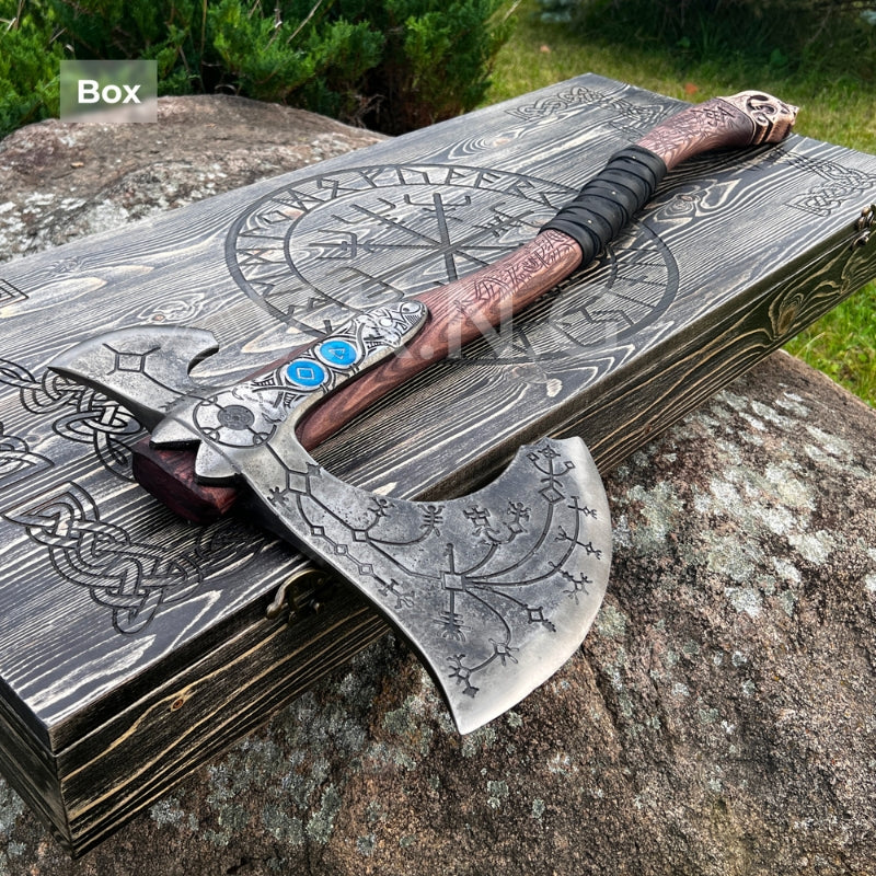 vkngjewelry hache Hand-forged Ragnarok Kratos Axe With Carved Handle And Luminescent Runes Hand-forged