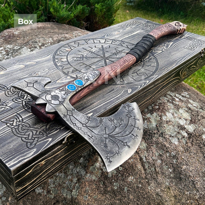 vkngjewelry hache Hand-forged Ragnarok Kratos Axe With Carved Handle And Luminescent Runes Hand-forged