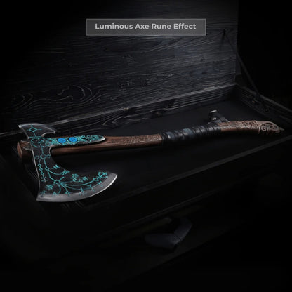 vkngjewelry hache Hand-forged Ragnarok Kratos Axe With Carved Handle And Luminescent Runes Hand-forged