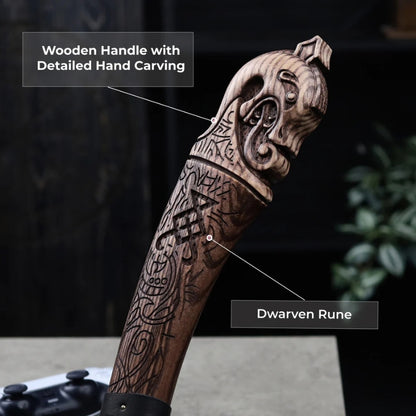 vkngjewelry hache Hand-forged Ragnarok Kratos Axe With Carved Handle And Luminescent Runes Hand-forged
