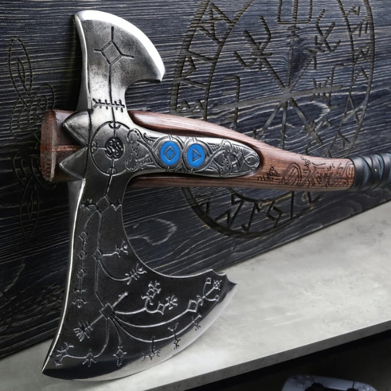 vkngjewelry hache Hand-forged Ragnarok Kratos Axe With Carved Handle And Luminescent Runes Hand-forged