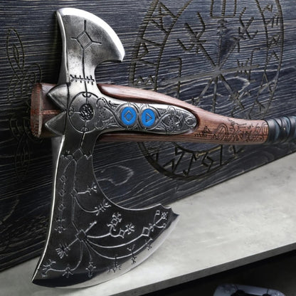 vkngjewelry hache Hand-forged Ragnarok Kratos Axe With Carved Handle And Luminescent Runes Hand-forged