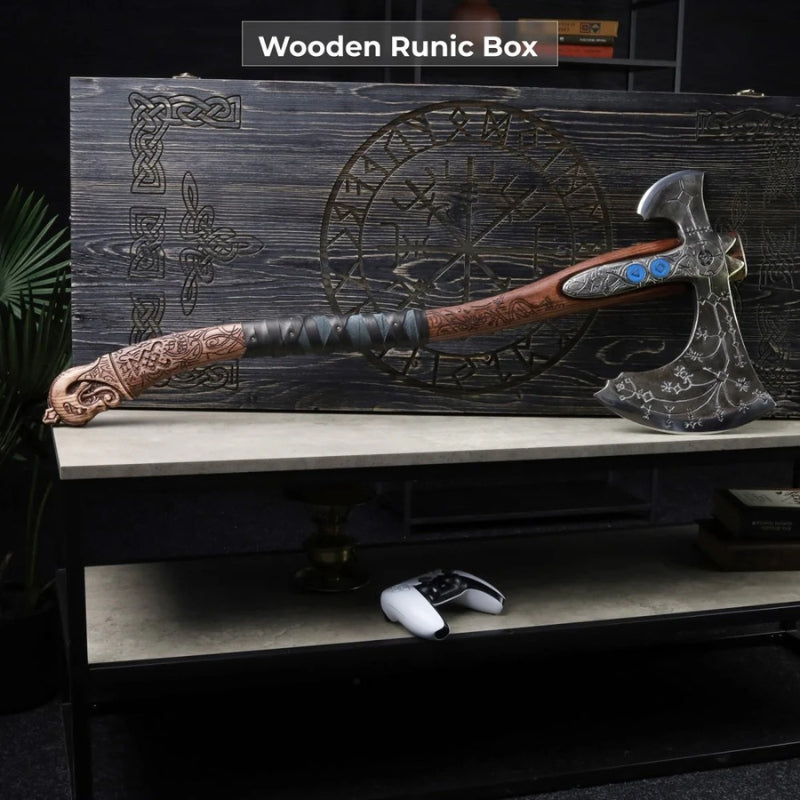 vkngjewelry hache Hand-forged Ragnarok Kratos Axe With Carved Handle And Luminescent Runes Hand-forged