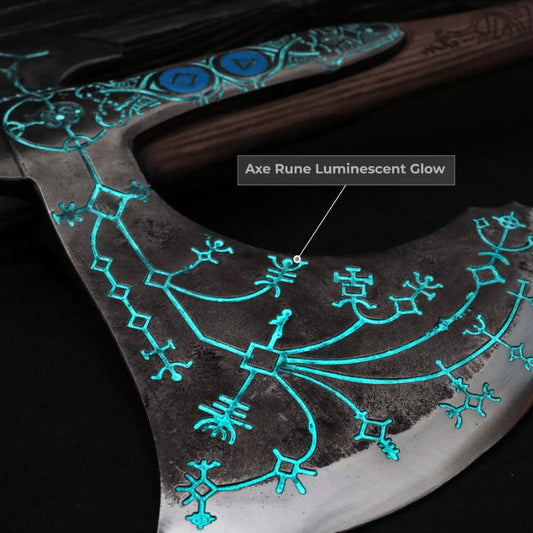 vkngjewelry hache Hand-forged Ragnarok Kratos Axe With Carved Handle And Luminescent Runes Hand-forged