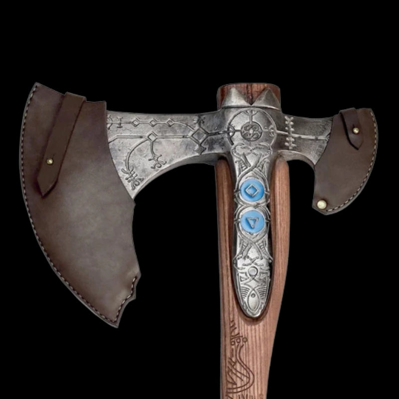 vkngjewelry hache Hand-forged Ragnarok Kratos Axe With Carved Handle And Luminescent Runes Hand-forged