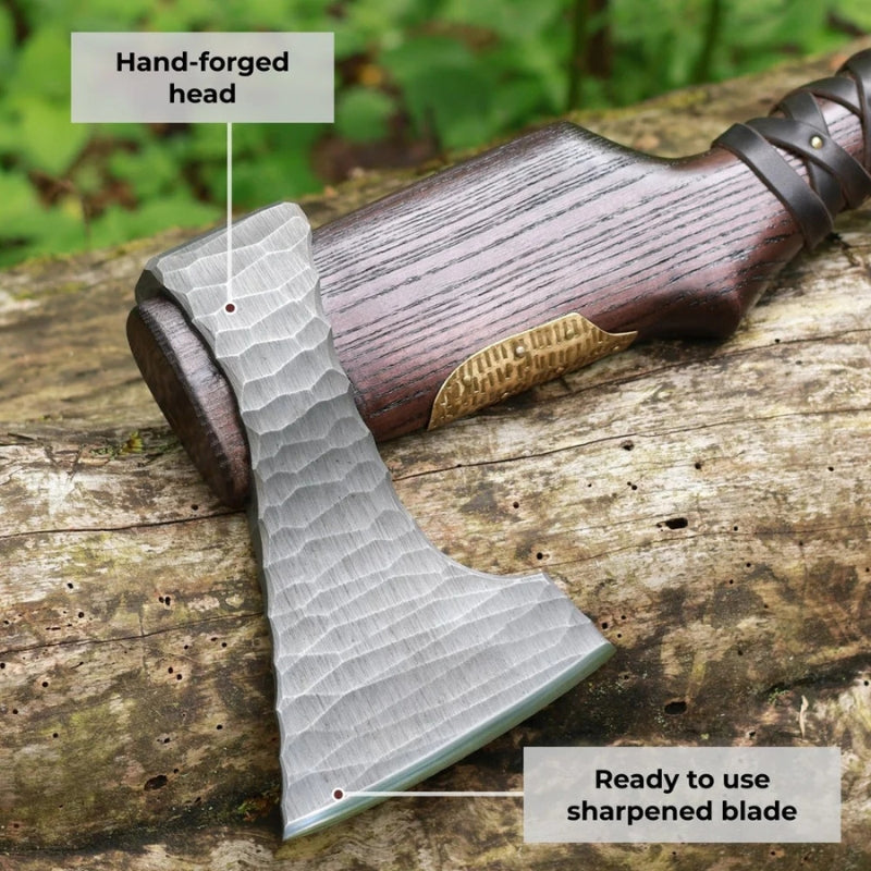 vkngjewelry hache Hand Forged Viking Axe "Veles" With Leather Wrap On The Handle