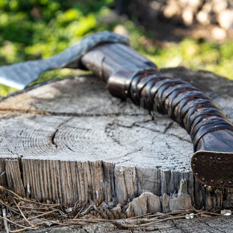 vkngjewelry hache Hand Forged Viking Axe "Veles" With Leather Wrap On The Handle