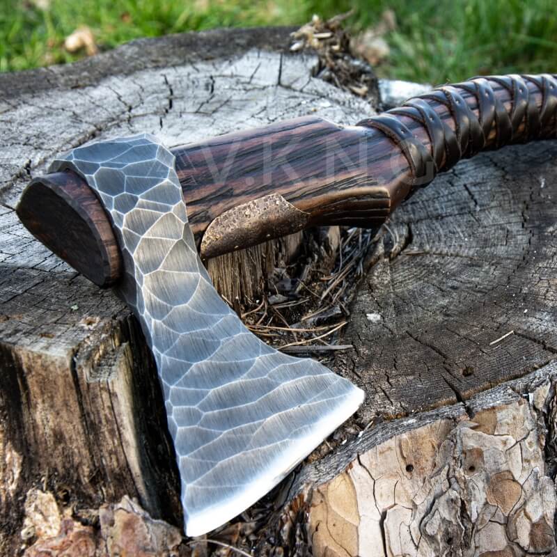 vkngjewelry hache Hand Forged Viking Axe "Veles" With Leather Wrap On The Handle