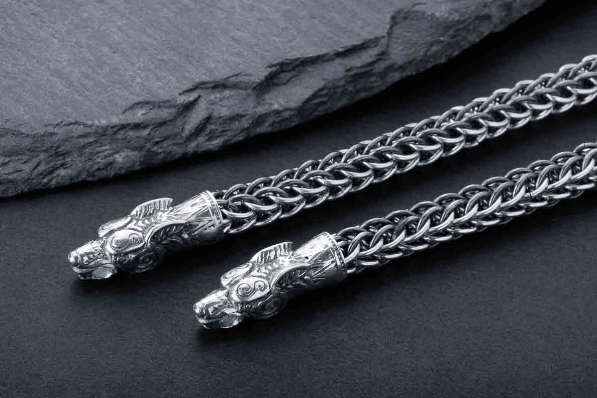 vkngjewelry Chain Handcrafted 925 Silver Chain with Wolf heads,solid chain