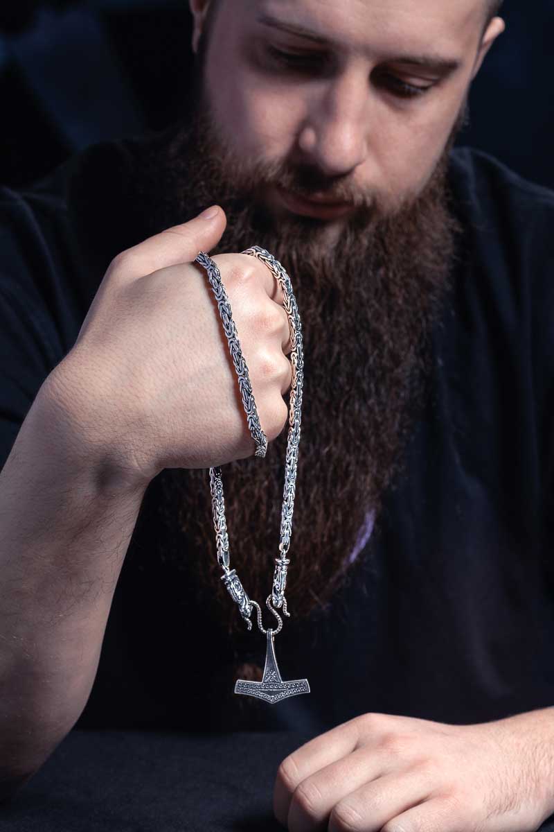 vkngjewelry Chain Handcrafted Square Viking Chain with Wolf Tips Sterling Silver Norse Jewelry