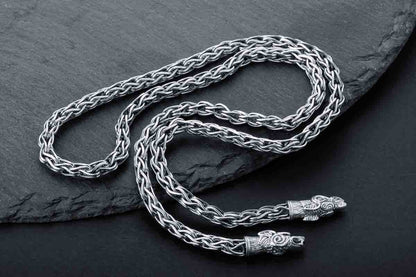 vkngjewelry Chain Handcrafted 925 Silver Viking Chain with Wolf Tips, Norse Jewelry