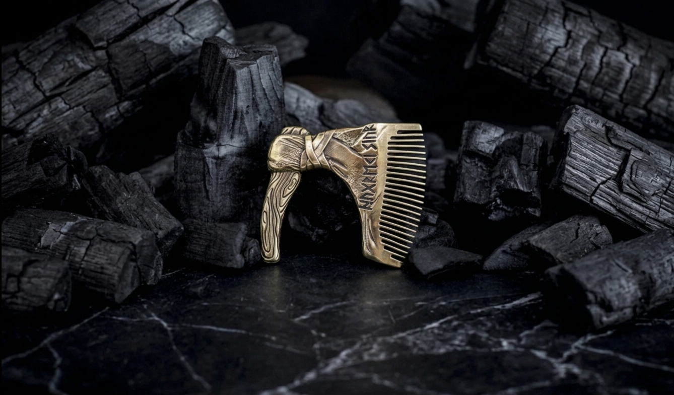 vkngjewelry Comb Handcrafted Axe with Elder Futhark Solid Brass Beard Comb