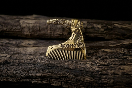 vkngjewelry Comb Handcrafted Axe with Elder Futhark Solid Brass Beard Comb