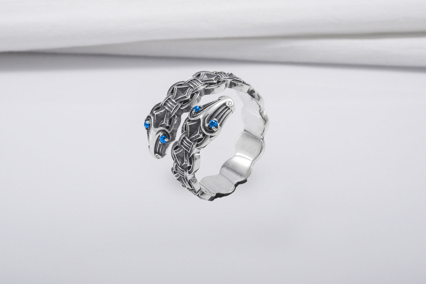 vkngjewelry Ring Handcrafted Double-Headed Snake Silver Ring, Norse Serpent Band