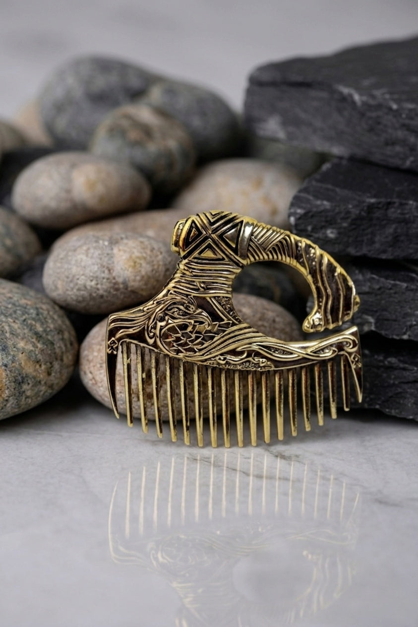 vkngjewelry Comb Handcrafted Eagle Axe Solid Brass Beard Comb