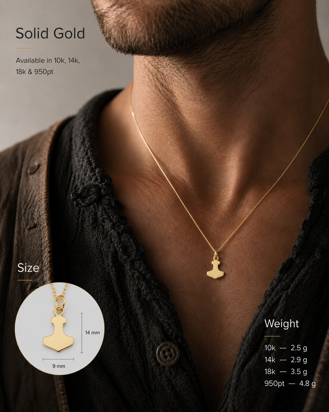 vkngjewelry Pendant Handcrafted Gold Thor's Hammer Smooth Pendant