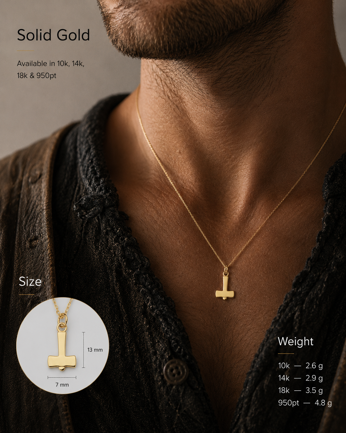 vkngjewelry Pendant Handcrafted Gold Thor's Hammer Smooth Pendant V2