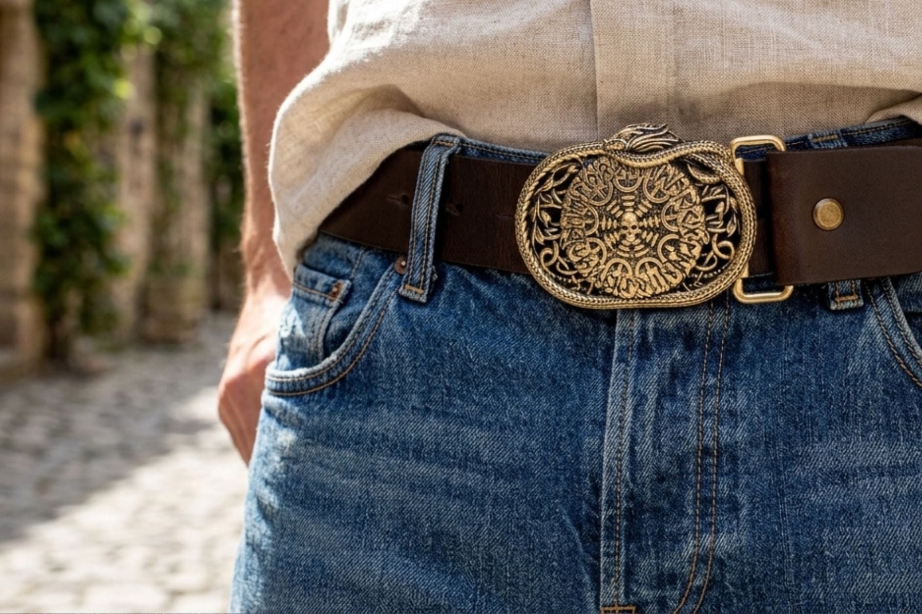 vkngjewelry Belt Handcrafted Helm of Awe Runic Brass Belt Buckle