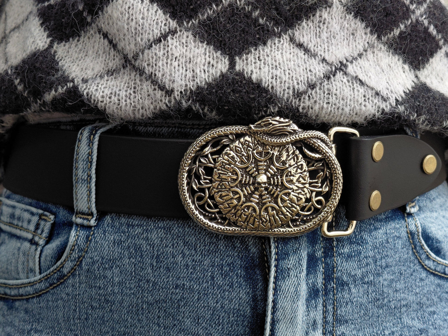 vkngjewelry Belt Handcrafted Helm of Awe Runic Brass Belt Buckle