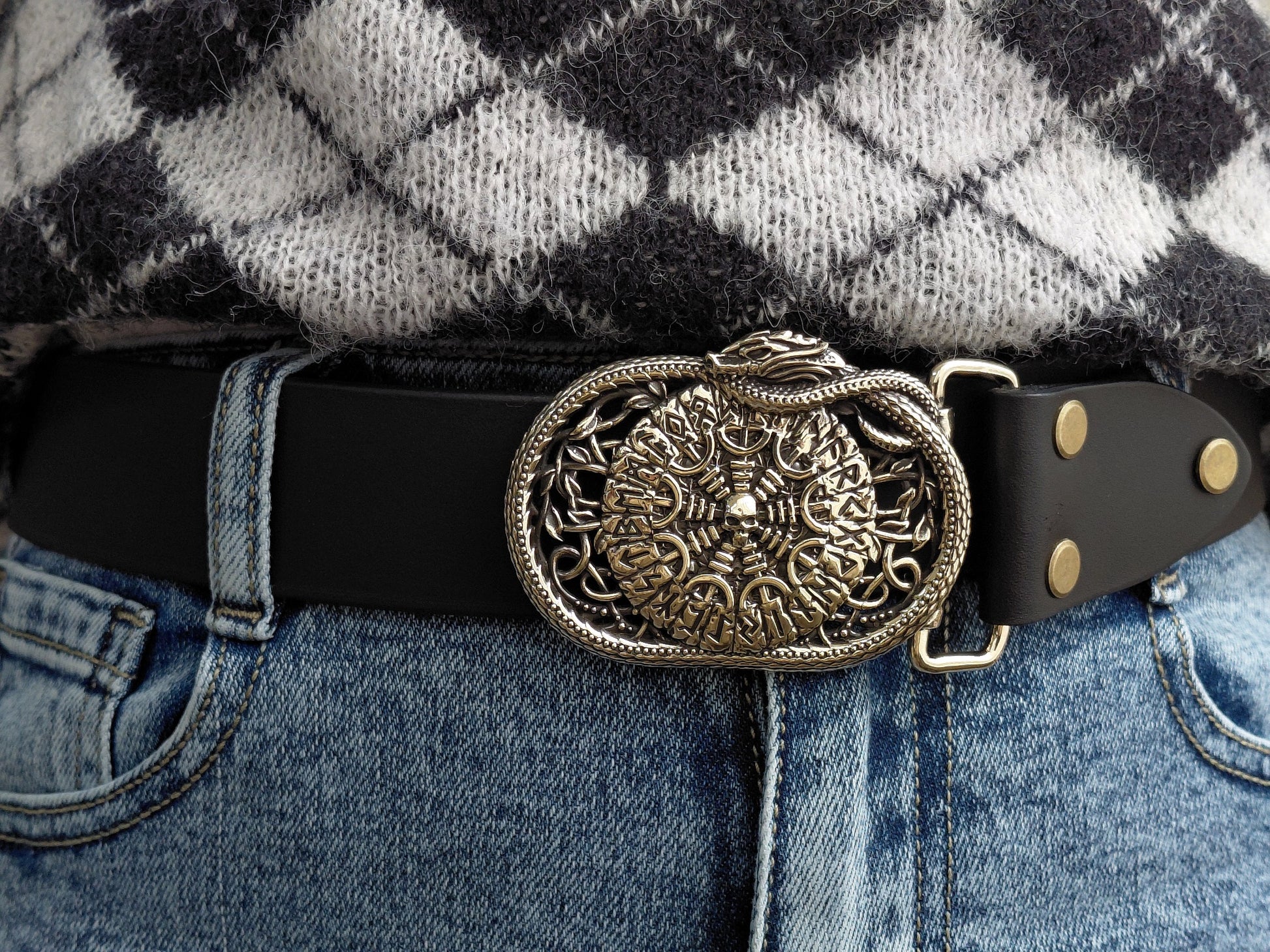 vkngjewelry Belt Handcrafted Helm of Awe Runic Brass Belt Buckle