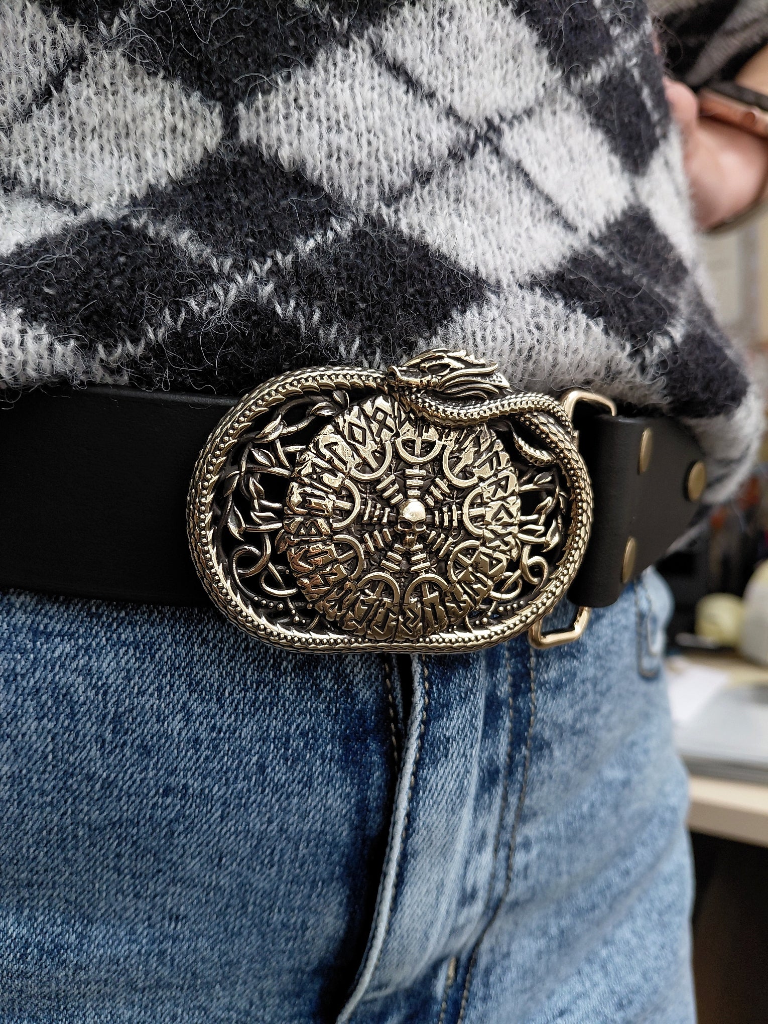 vkngjewelry Belt Handcrafted Helm of Awe Runic Brass Belt Buckle