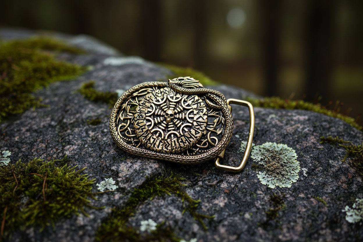 vkngjewelry Handcrafted Helm of Awe Runic Brass Belt Buckle