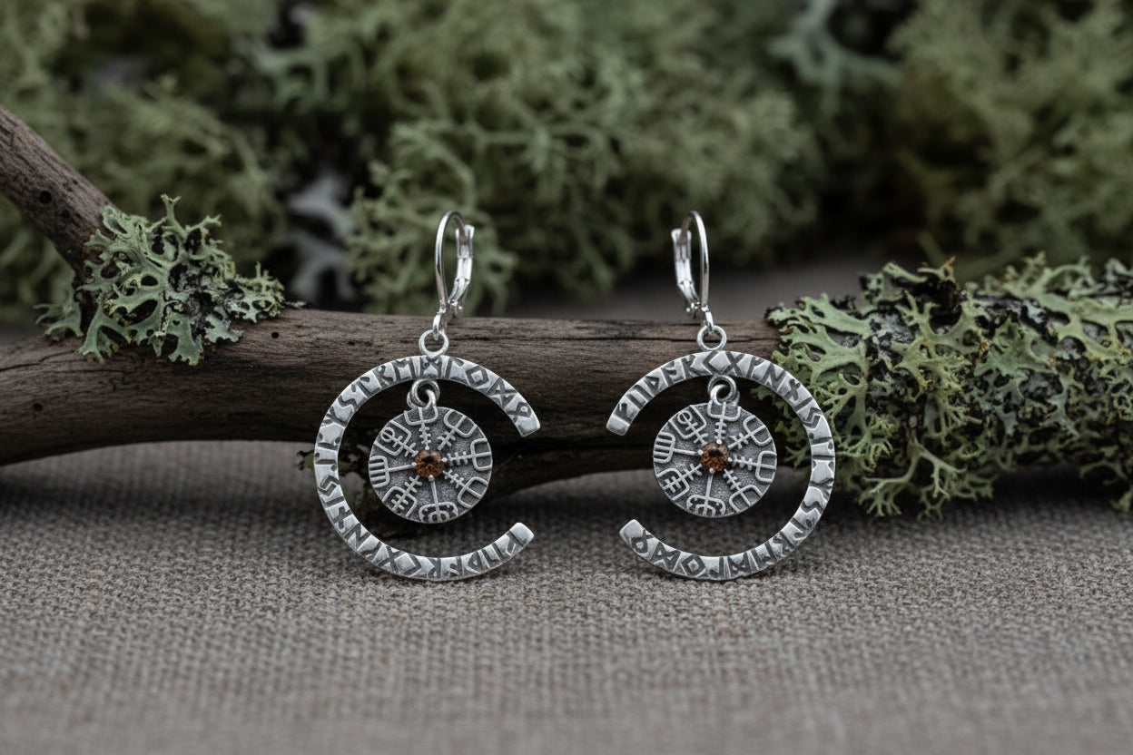 vkngjewelry Earrings Handcrafted Silver Rune Earrings with Vegvisir Symbol