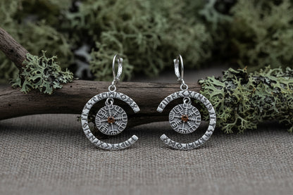 vkngjewelry Earrings Handcrafted Silver Rune Earrings with Vegvisir Symbol