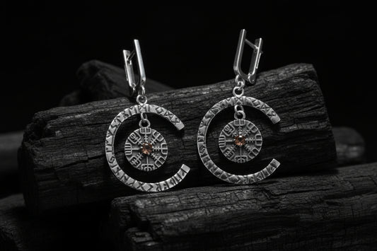 vkngjewelry Earrings Handcrafted Silver Rune Earrings with Vegvisir Symbol