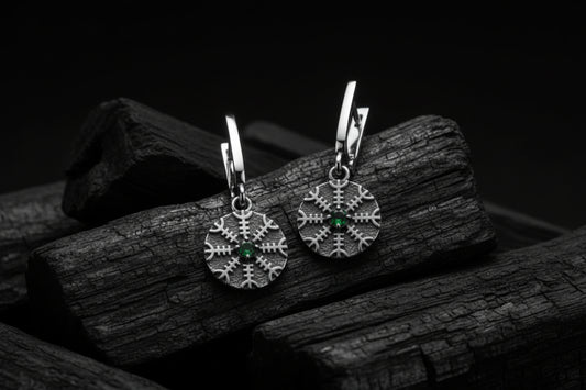 vkngjewelry Earrings Handcrafted Silver Runes with Aegishjalmur Drop Earrings